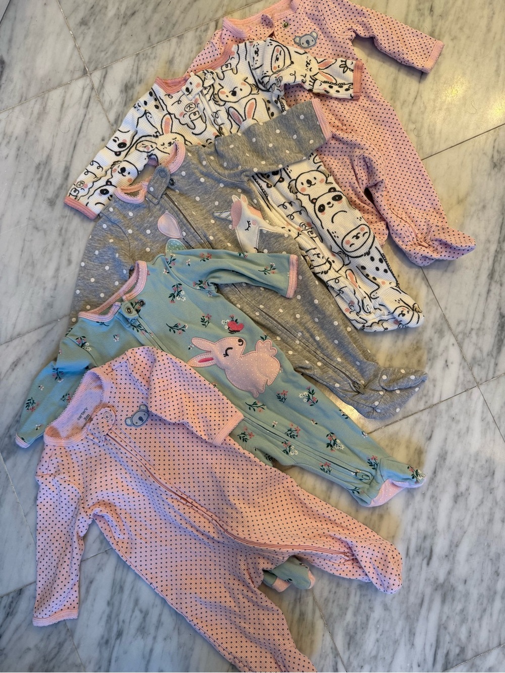 Carters Girls Pink, Gray & Mint Printed Footed Pajama Set - 5-Pack - size 0-3mo
